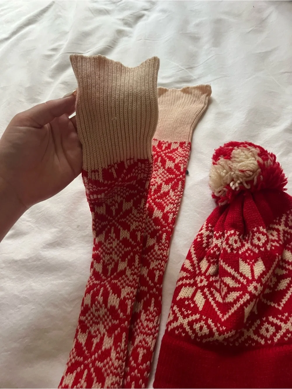 Kids Red Fair Isle Knit Hat and Cozy Socks Set